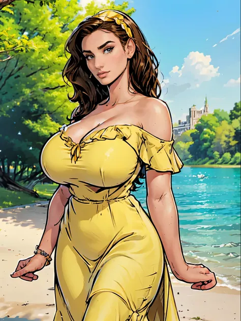 Gorgeous and sultry busty athletic (thin) brunette with sharp facial features and a (large nose) and (huge boobs) wearing a pale yellow off-shoulder ruffled sundress, hairband, long dress, park, lake, picnic