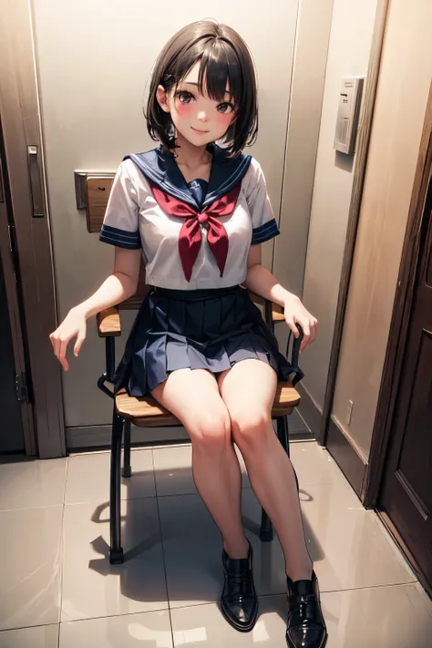 very cute and beautiful girl,(highly detailed beautiful face),
(smile),blush,looking at viewer,sailor ,short sleeve,pleated navy blue mini skirt,
black hair,sitting,chair near elevator hall of small hostel,
(best quality,masterpiece),absurdres,highres,ultr...