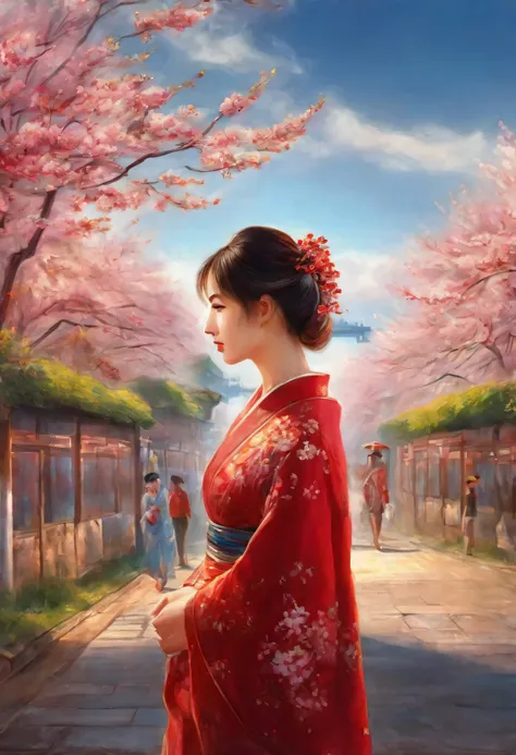 oil painting, best quality,4k,8k,highres,masterpiece:1.2),exquisite detailed eyes and face,beautiful detailed lips,long eyelashes,Japanese woman,wearing traditional clothing in red and gold colors,walking down a street with blooming cherry blossom trees,ul...