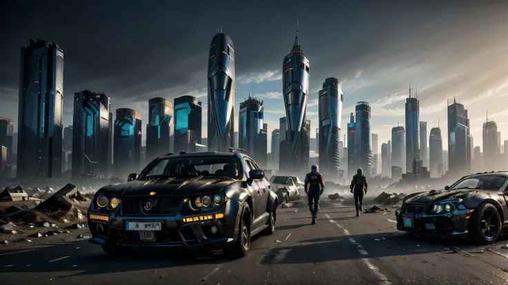 Futuristic dystopian cyberpunk city with skyscrapers, Neon lights and futuristic cars. There are hardly any drunk people on the streets. Human cyborg and robot walking, Rusty futuristic car abandoned on the street, Hovercraft flying in the sky. Realistic, ...