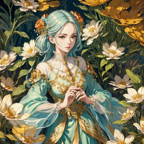 (best quality,highres,ultra-detailed:1.2),1girl,alone,mature,baroque style,long dress,long sleeves,elegant,vibrant colors,detail...