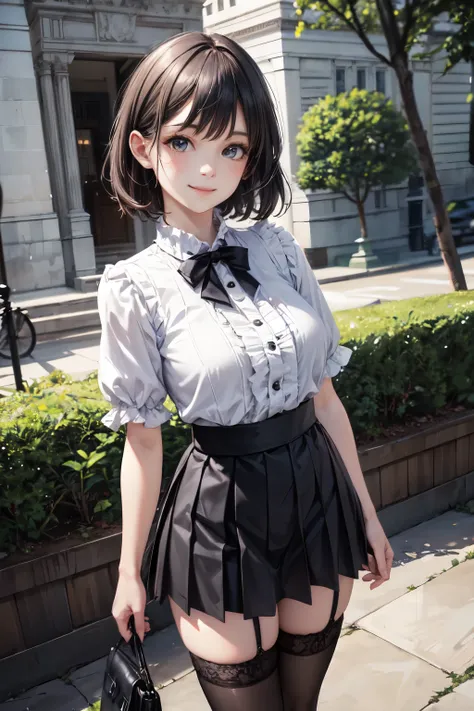 very cute and beautiful girl,(highly detailed beautiful face),
standing,park garden,frilled white blouse,short sleeve,pleated black mini skirt,black thigh high stockings,
(smile),looking at viewer,holding bag,black hair,
(best quality,masterpiece),absurdre...