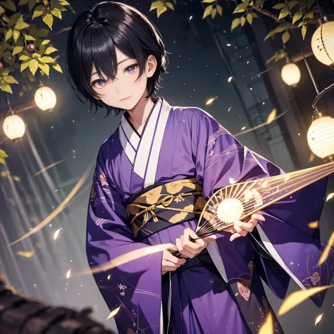 one boy.He has black hair、He has golden eyes、fireflies fly around、Black and purple firefly and moon pattern wearing kimono、Holding a folding fan