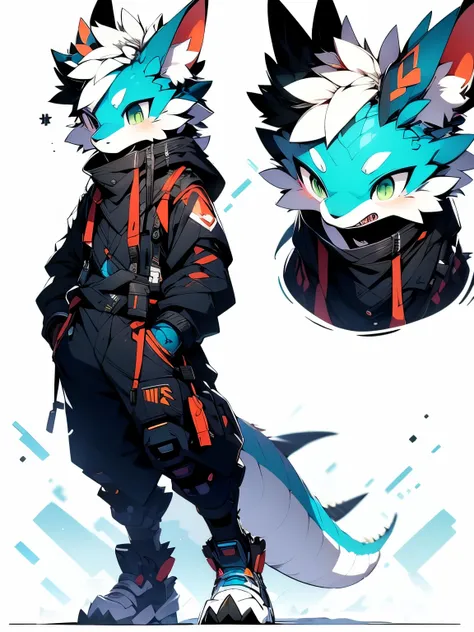 role conception，full body portrait，the only person，sexual desire boy，fluffy，blue pattern，orange ears，wolf，dragon tail，lightweigh...