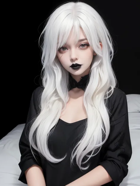 masterpiece, adult, indoors, woman with black and white ombre hair, long hair, looking at viewer, messy hair, bedhead, bedhair, dark lighting, goth, black lipstick, shirt, white hair