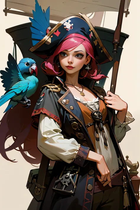 female pirate, Jack Sparrow Style, beautiful woman, Parrot on the shoulder, Beautiful woman and cute, sexy, masterpiece, highest quality, Fairy Wings