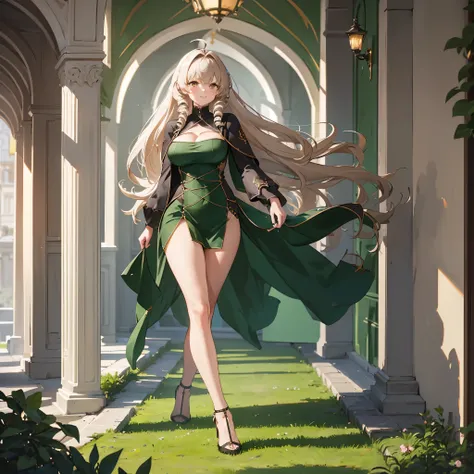 A woman wearing moss green dress wearing an open green coat, (azur lane) black heels, walking on a promenade in a traditional Italian town, backlit, blurred background, light beige hair, brown eyes, smiling, full body. shadow, flower, UHD, masterpiece, acc...