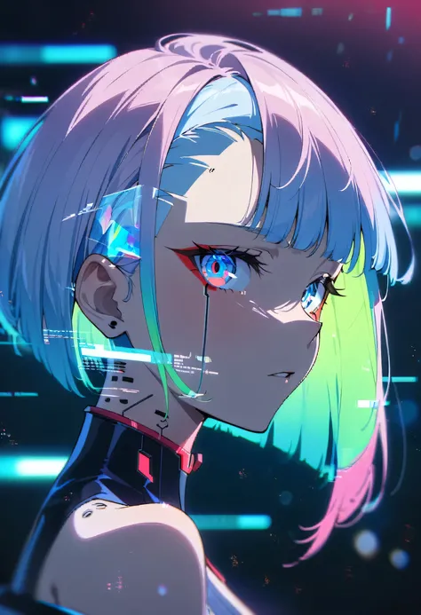 1girl, solo, lucy (cyberpunk), cyberpunk (series), asymmetrical hair, short hair, blue hair, green hair, pink hair, multicolored hair, blue eyes, eyeliner, eyeshadow, makeup, bare shoulders, portrait, looking at viewer, cyberpunk, hlpr, futuristic, hologra...