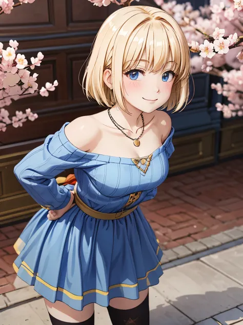 High resolution, highest quality, super high quality,3D Images ,Blonde Hair、Meer、Beautiful Hair、necklace, smile、Closed Mouth、clavicle, Off the shoulder, Sweater dress, Long sleeve, Black knee socks, Outdoor, Are standing, Put your arms behind your back, ch...
