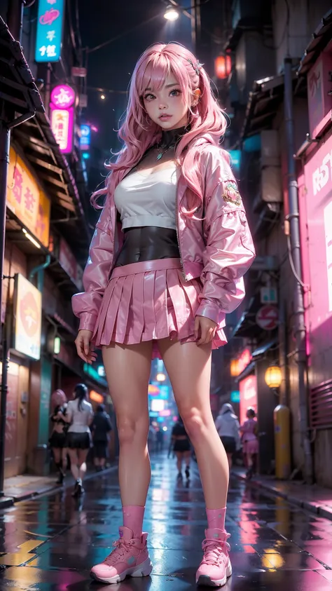 (La mejor calidad,A high resolution,Ultra - detallado,actual),Ariana Grande cyberpunk a doll with long pink hair and a (chaqueta pink:1.4) ,(mini skirt pink :1.4) ,(Pink wavy hair:1.4 ) ,(Fantasy, Hard Rock Girl:1.4) , animated barbie doll,(background cybe...