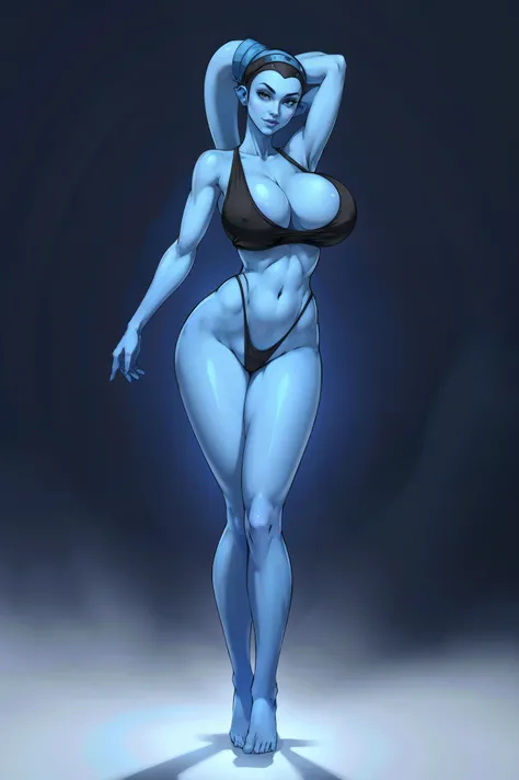 Tall, (thin), Blue Skin Twilek with (huge breasts, round breasts) wearing an oversized tank top, panties, huge breasts, tall, graceful, (tall), slim hips, small waist, full-body shot