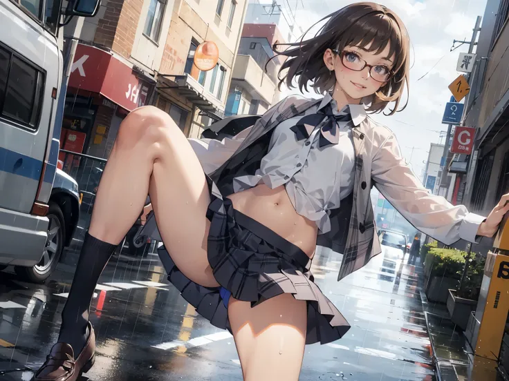 (super flat, flat shading), Honors Type, Really blushing, 17 years old, high school girl, wearing long sleeve shirt and plaid pleated mini skirt, Short bob cut brown hair, Glasses, sweaty healthy body, smile, bare legs, loafers, ultra realistic, early morn...