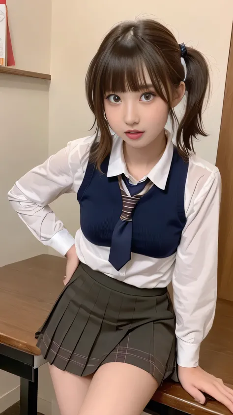 Tabletop, highest quality,  (beautiful girl:1.3), (16 years old:1.2), Very fine grain definition, (Symmetrical eyes:1.3), ((Browsing Caution)), (school uniform,  Cute Skirt:1.3), Beautiful breasts, Brown eyes, Parted bangs, Brown Hair, Upper teeth,Twin tai...