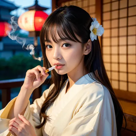 (Best-quality, Masterpiece, Ultra-High-Resolution, (Photorealistic:1.4), Raw Photo, depth of field, professional lighting, perfect anatomy, extremely details), 1girl, 15-years-old, the most famous Japanese idol, at Japanese-restaurant, wearing Japanese-KIM...