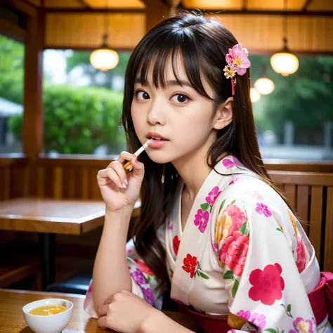 (Best-quality, Masterpiece, Ultra-High-Resolution, (Photorealistic:1.4), Raw Photo, depth of field, professional lighting, perfect anatomy, extremely details), 1girl, 15-years-old, the most famous Japanese idol, at Japanese-restaurant, wearing Japanese-KIM...