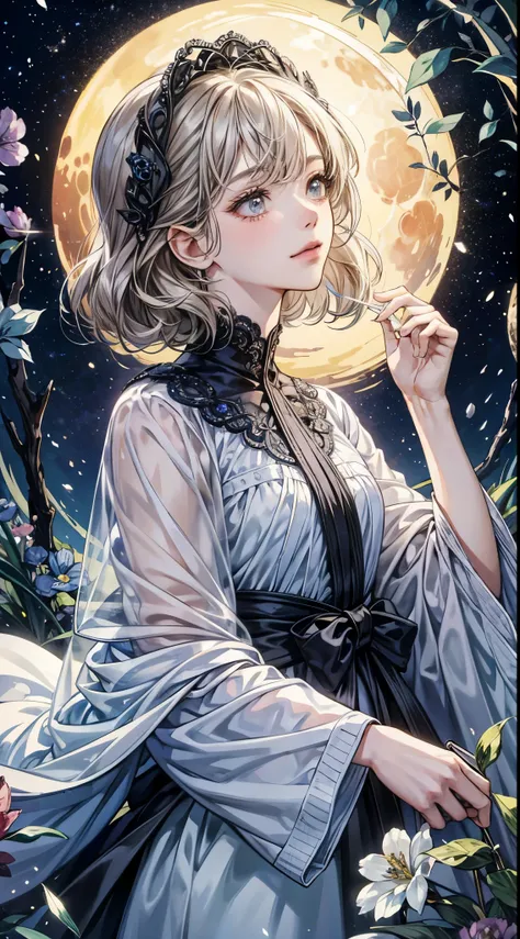 （（Best quality））， （（masterpiece））1 Girl ，moon， Luna， Welcome， Floral scent，Exquisite facial features