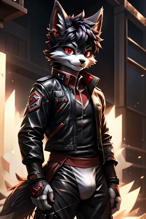 rystal, star fox, male,dark emerald hair， (detailed), fluffy, solo, meticulous and realistic, delicate eyes(( black and red eyes...