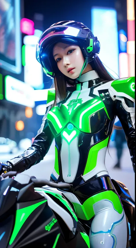 Best image quality, Excellent details, Ultra-high resolution, (realism: 1.4), Best illustrations, Favorite Details, Very condensed one girl, Delicate and beautiful features, Wearing a black and green mech, Wearing a mecha helmet, Hold the directional contr...