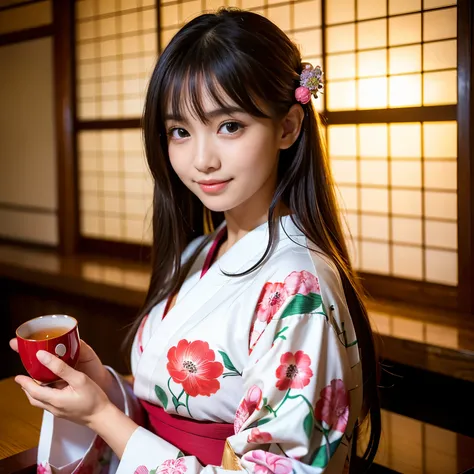 (Best-quality, Masterpiece, Ultra-High-Resolution, (Photorealistic:1.4), Raw Photo, depth of field, professional lighting, perfect anatomy, extremely details), 1girl, 15-years-old, the most famous Japanese idol, at Japanese-restaurant, wearing Japanese-KIM...