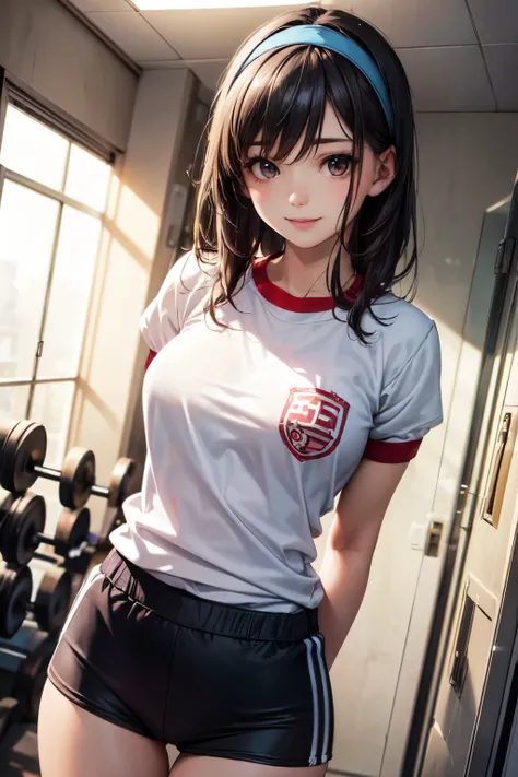 very cute and beautiful girl,(highly detailed beautiful face),(smile),happy,looking at viewer, (japanese ladies gym uniform),(blue bloomers),standing,arms behind back,detailed legs,locker room in training gym,black hair,hair band, (best quality,masterpiece...