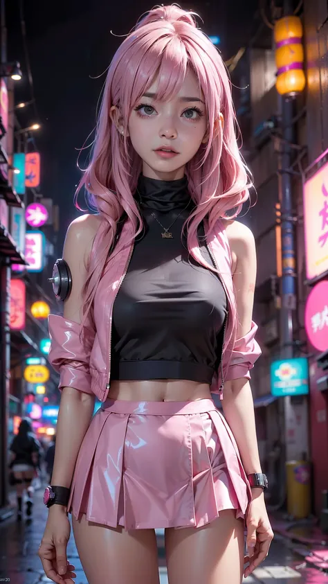 (La mejor calidad,A high resolution,Ultra - detallado,actual),Ariana Grande cyberpunk a doll with long pink hair and a (chaqueta pink:1.4) ,(mini skirt pink :1.4) ,(Pink wavy hair:1.4 ) ,(Fantasy, Hard Rock Girl:1.4) , animated barbie doll,(background cybe...