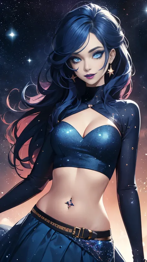 (Highly quality, masterpiece, detailed), Deep Space detailed scenario, Deep space detailed background, 20 years old girl, solo, smile, singularity, dark blue hair, glitter hair, celestial clothes, glowing, glowing eyes, makeup, dark blue makeup, glitter ma...