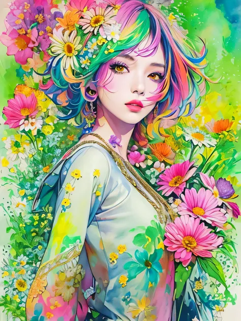 hiromi matsuo style、(((stylish fashion))), 8k quality、intense watercolor, detailed watercolor art, watercolor splash, surreal, a...