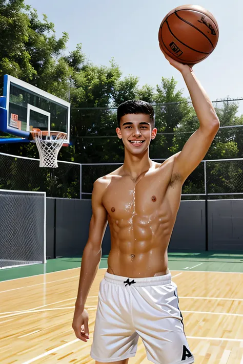 a lean skinny shirtless 18-year old caucasian boy wearing white basketball shorts, crewcut black hair, cute face, brown eyes, tanned skin, smiling, drenched with sweat, sweating profusely, half-body, playing basketball in the outdoor basketball court
