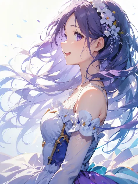 (White Background:1.5)One girl laughing out loud, Beautiful and detailed, Purple long hair, Pale purple eyes, Princess Dress, Side Shot, (null:1.3), Impressionism