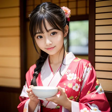 (Best-quality, Masterpiece, Ultra-High-Resolution, (Photorealistic:1.4), Raw Photo, depth of field, professional lighting, perfect anatomy, extremely details), 1girl, 15-years-old, the most famous Japanese idol, at Japanese-restaurant, wearing Japanese-KIM...