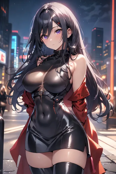 beautiful, Alone, 1 woman, Long hair, black hair, blue highlights at the ends of the hair, purple eyes, black leather bodysuit, pleassed skirt, red cloak, futuristic, cyberpunk, cinematic angle, Cinematic lighting, Work of art, best quality, nsfw, crotch r...