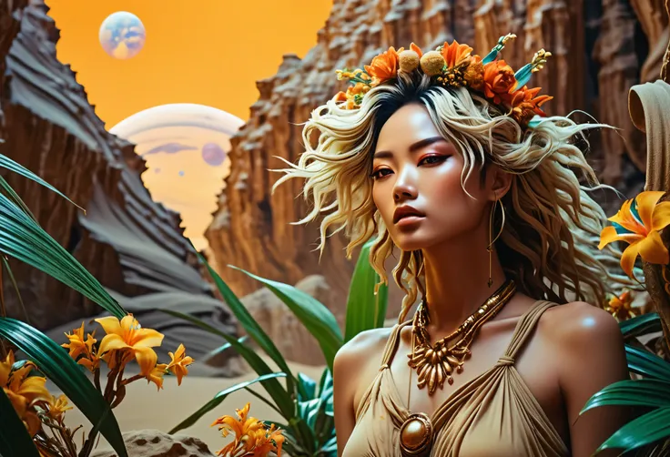 A god like Jupiter of a desert with ochre grain of sand, in juxtaposition duality with the nymph of an oasis with luscious vegetation and tropical flowers,  space opera confrontation, inspired by manhua aesthetics.