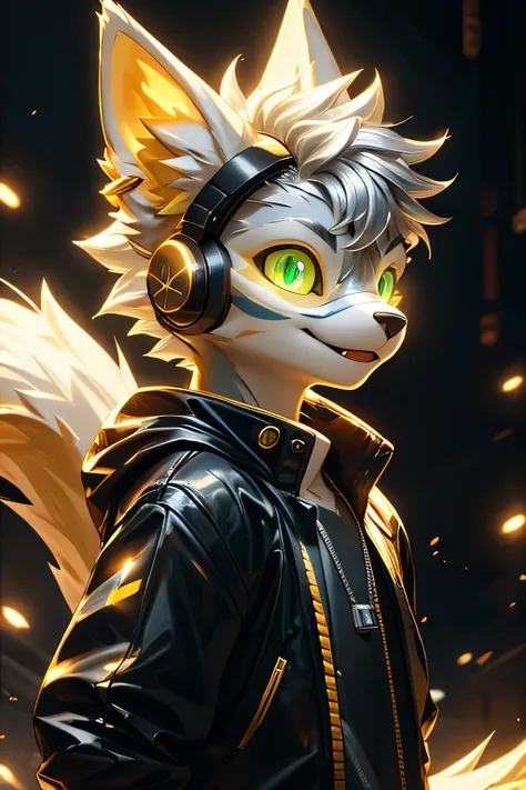 young werewolf，gold fur，wearing a black jacket with neon details，wearing an electronic mask，wearing gamer headphones，avatar，clos...