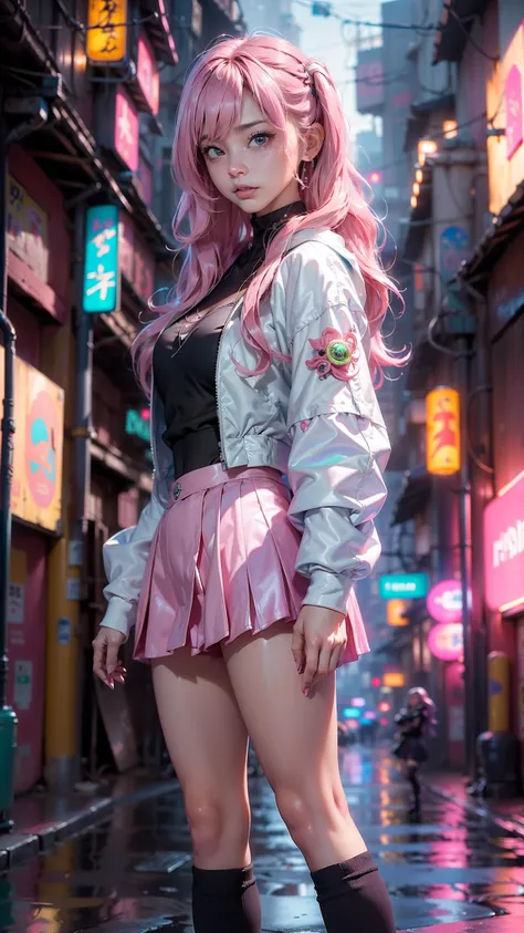 (La mejor calidad,A high resolution,Ultra - detallado,actual),Ariana Grande cyberpunk a doll with long pink hair and a (chaqueta pink:1.4) ,(mini skirt pink :1.4) ,(Pink wavy hair:1.4 ) ,(Fantasy, Hard Rock Girl:1.4) , animated barbie doll,(background cybe...