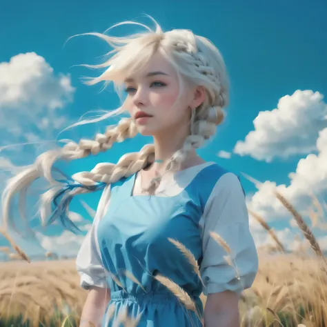 realistic, a girl with white hair and braids in a field, girl with white hair, in a wheat field, flowing white hair, wind blowing hair, blonde girl with long hair, wind blowing and hair flowing, UHD