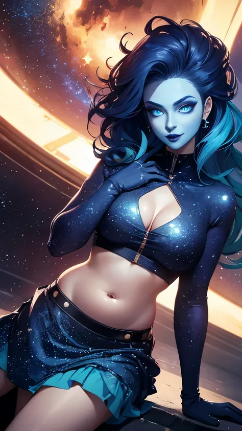 (Highly quality, masterpiece, detailed), Deep Space detailed scenario, Deep space detailed background, 20 years old girl, solo, smile, singularity, dark blue hair, glitter hair, celestial clothes, glowing, glowing eyes, makeup, dark blue makeup, glitter ma...