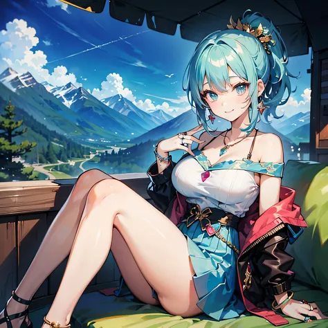 Anime Moe Art Style,highest quality,High resolution,Anatomically correct,One Girl,Mid-teens,A girl with light blue hair in a ponytail,Super detailed,Fantasy-style world,Off-the-shoulder tops,mini skirt,Big Breasts,A rich expression,smile,Mountainous Region...