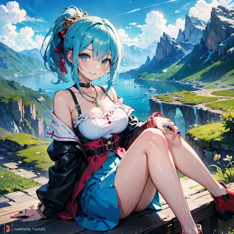 Anime Moe Art Style,highest quality,High resolution,Anatomically correct,One Girl,Mid-teens,A girl with light blue hair in a ponytail,Super detailed,Fantasy-style world,Off-the-shoulder tops,mini skirt,Big Breasts,A rich expression,smile,Mountainous Region...