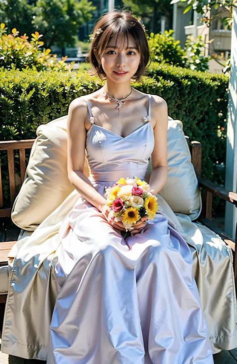 Big Smile、Holding a bouquet、A lovely smile、A luxurious white silk dress with lace、Stunning gardens、Colorful flowers々is blooming、White silk and shiny dress、A luxurious and elegant white wedding dress、Braided hair only for the bangs（（wedding ceremony:1.4））、F...