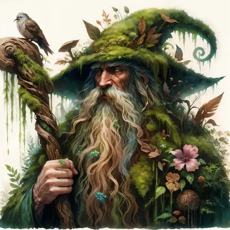 forest wizard, mossy beard, fantasy, watercolor