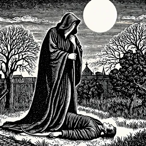 (black and white woodcut:1.5)、(black and white second floor)、grim reaper、long black robe、(a large sickle in hand、big blade:1.9)、...