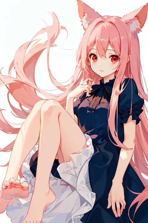 Absurd, One girl, Red eyes, Animal Ears, Long Hair, Pink Hair, Eyes Wide Open, eyelash, View Viewer, twitchemotional expression, Upper Body, Beautiful background, White and navy elegant dress, feet, Little, emotional expression, In-person audience, (:3:1.0...