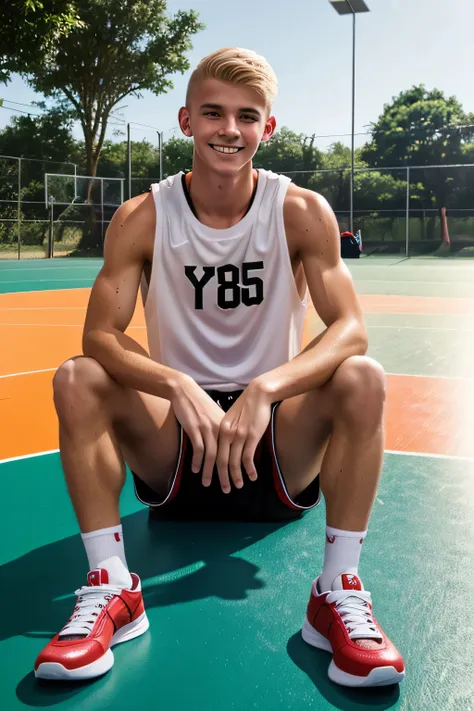 a lean skinny 18-year old shirtless caucasian boy wearing white basketball shorts, red and black rubber shoes, undercut blonde h...