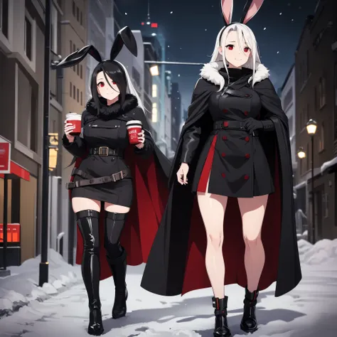 A woman wearing a black cold coat, long fur cape, black skirt, black leather boots, walking on a sidewalk covered in snow, snowy city, blurred background, night place, lighting place, holding a cup with hot chocolate, long white hair, red eyes, smiling, bl...