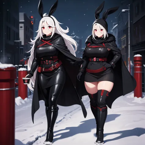 A woman wearing a black cold coat, long fur cape, black skirt, black leather boots, walking on a sidewalk covered in snow, snowy city, blurred background, night place, lighting place, holding a cup with hot chocolate, long white hair, red eyes, smiling, bl...