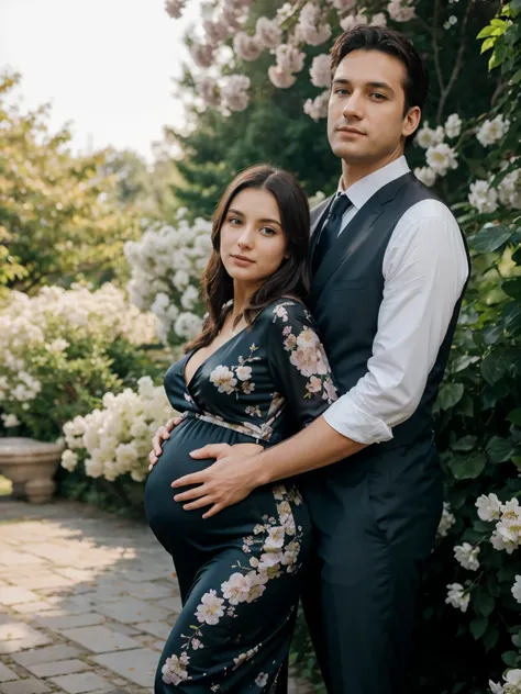 Best quality. realistic. gentle colors. A man in a black suit holds the belly of a pregnant girl in a silk evening dress. Flowering trees and bright sunshine in the background.