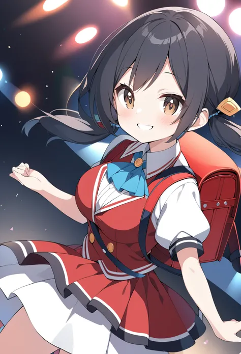 kaai yuki. brown eyes, black hair, ,short twintails, low twintails, short twintails, hair ornament, 11years old , live stage, large breasts, 1girl, smile, ,white shirt, ascot, puffy short sleeves, red dress, collared shirt,backpack, solo