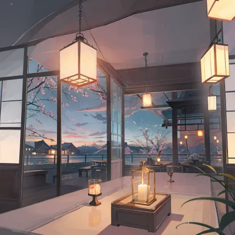 beautiful background for restaurant, con paisaje de evening, Candles, romantic, muy romantic, comfortable, Japanese, Big window background, evening,