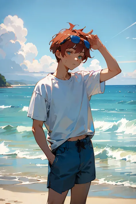 Gojo is wearing casual summer clothing: a white short-sleeved shirt, light blue shorts, and a pair of sunglasses resting on his head. He stands relaxed, with his hands in his pockets, looking out at the vast, beautiful ocean. The expression on his face is ...