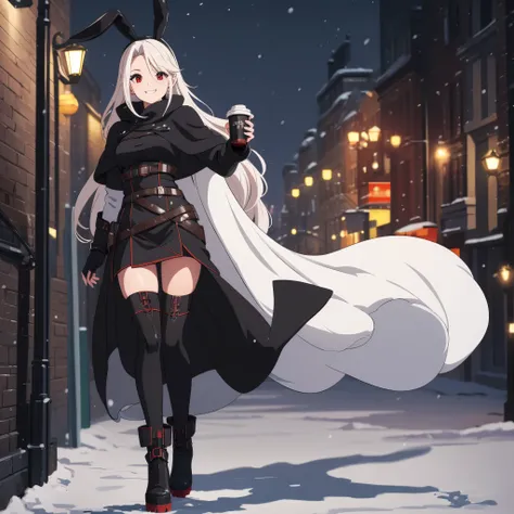 A woman wearing a black cold coat, long fur cape, black skirt, black leather boots, walking on a sidewalk covered in snow, snowy city, blurred background, night place, lighting place, holding a cup with hot chocolate, long white hair, red eyes, smiling, bl...